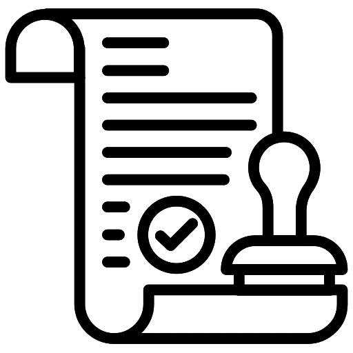 Icon of a document with a stamp and checkmark.
