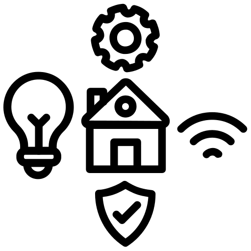 Icons representing smart home technology and security.