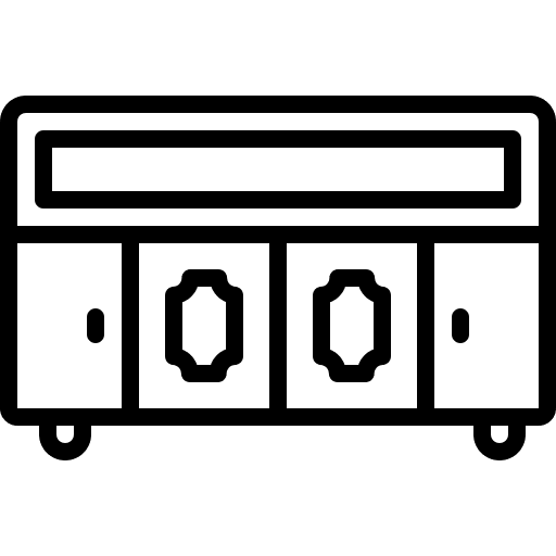A simple line drawing of a cabinet with drawers and doors.