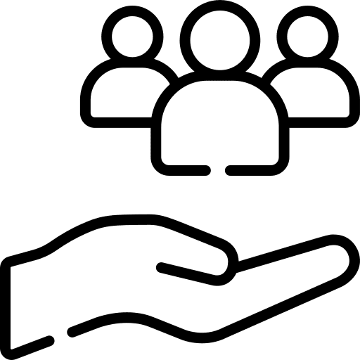 Hand supporting three user icons representing community support.