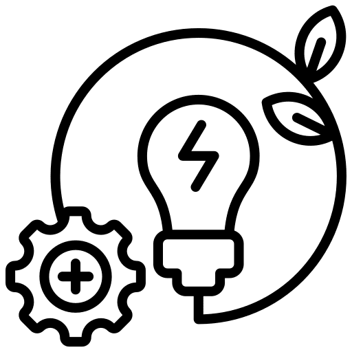 Icon showing sustainable energy and innovation with a lightbulb and leaves.