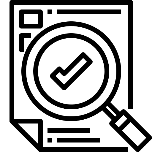 Icon of a magnifying glass over a checklist with a checkmark.