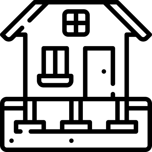 Line drawing of a house with front porch and window.