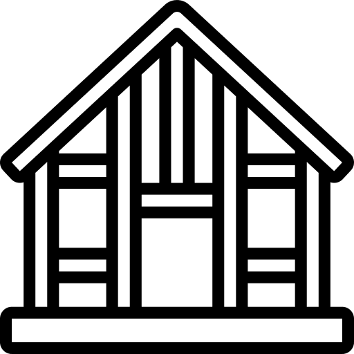 Simple black and white line drawing of a house with a pitched roof.