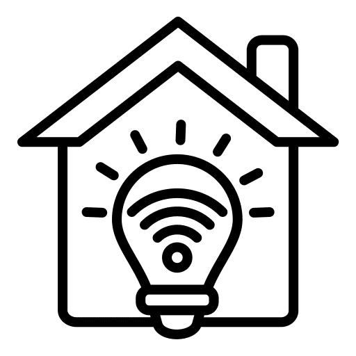 Icon of a smart home with a Wi-Fi enabled light bulb inside.