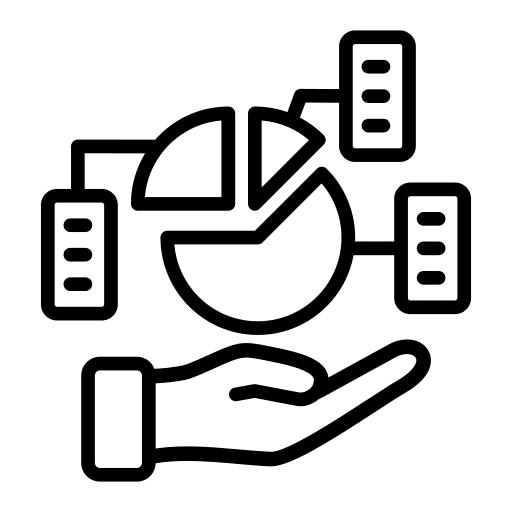 Hand holding a pie chart connected to data blocks.