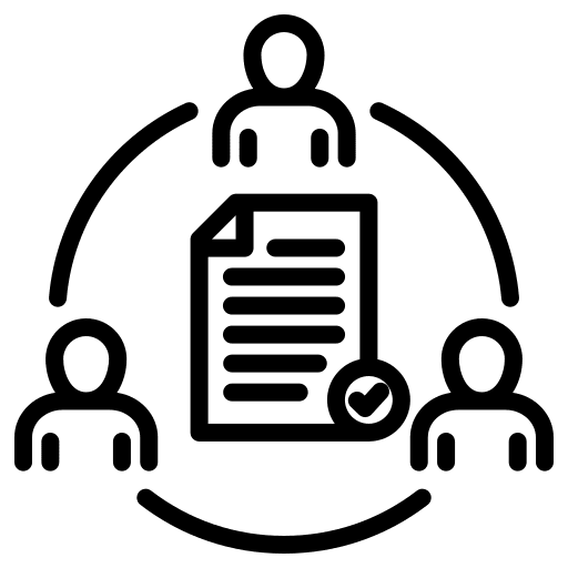 Three people collaborating around a document with a check mark.
